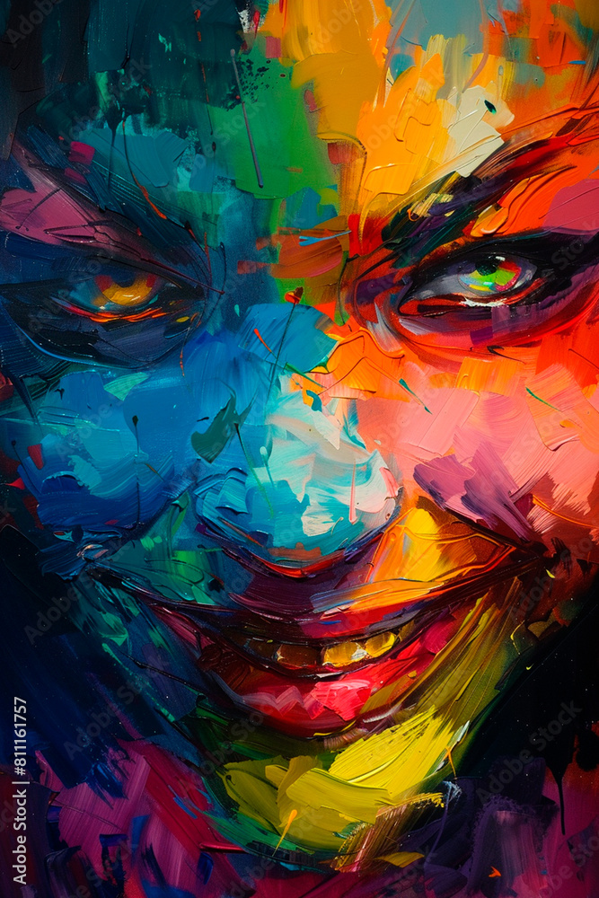 A woman's face is painted in a colorful and abstract style, the painting is full of bright colors and has a happy, joyful mood
