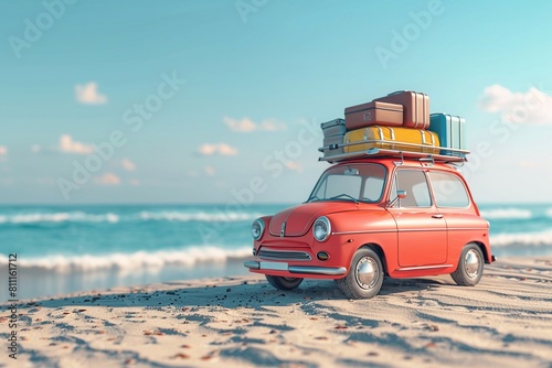 A small retro car packed with luggage for a summer vacation. with a backdrop of a scenic sea view and sandy beach. photo
