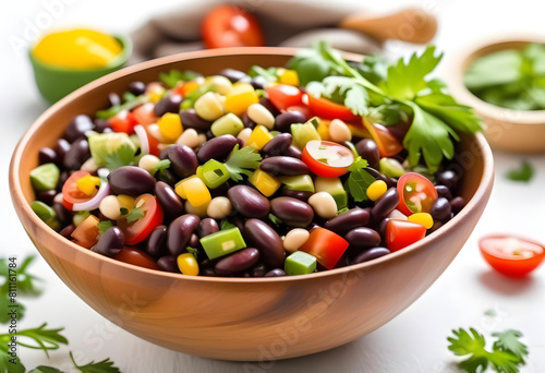 A wooden bowl filled with black bean salad, garnished with tomatoes and cilantro, on a white background