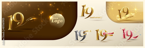 19th anniversary logotype modern gold number with shiny ribbon. alternative logo number Golden anniversary celebration