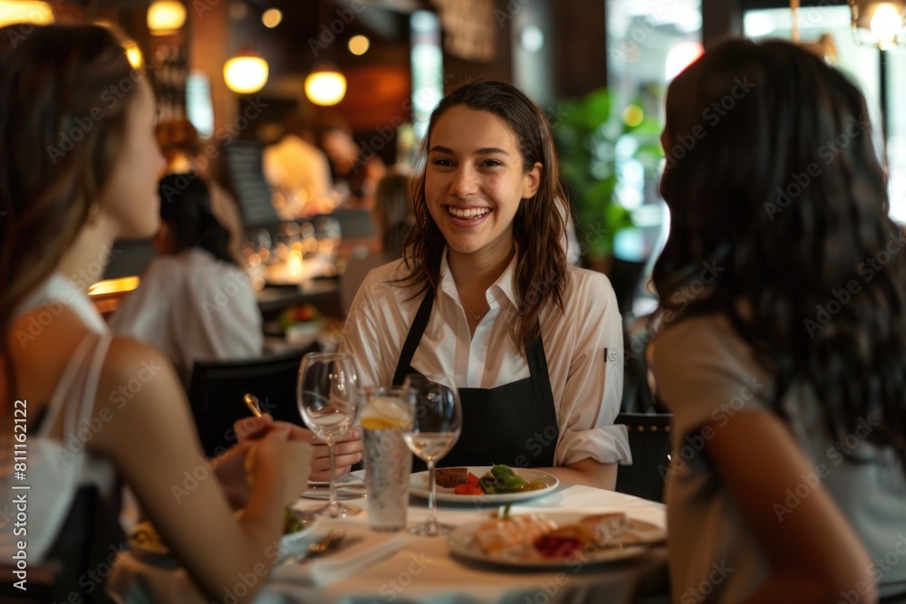 Person At Restaurant. Young Women Enjoying Dinner with Waiter Serving, Friends Talking