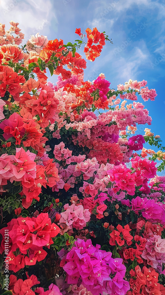red and pink bougenvillea against the blue sky red and pink bougenvillea against the blue sky