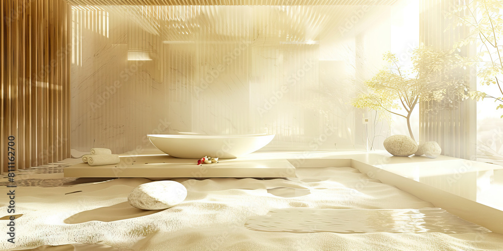 Fototapeta premium Spa Relaxation Retreat: Minimalist Setting with Soothing Beige and White Colors, Perfect for Spa Themes