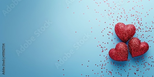 Three vibrant red heart-shaped candies arranged neatly on a bright blue background