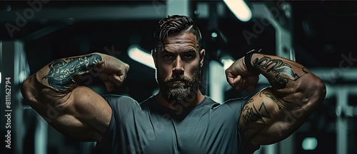 A muscular man in a gym flexes his arms, showcasing his tattoos and intense expression under dramatic lighting 9.