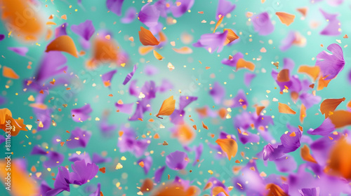 Pastel purple and bright orange confetti raining on a soft teal background  creating a cheerful mood.