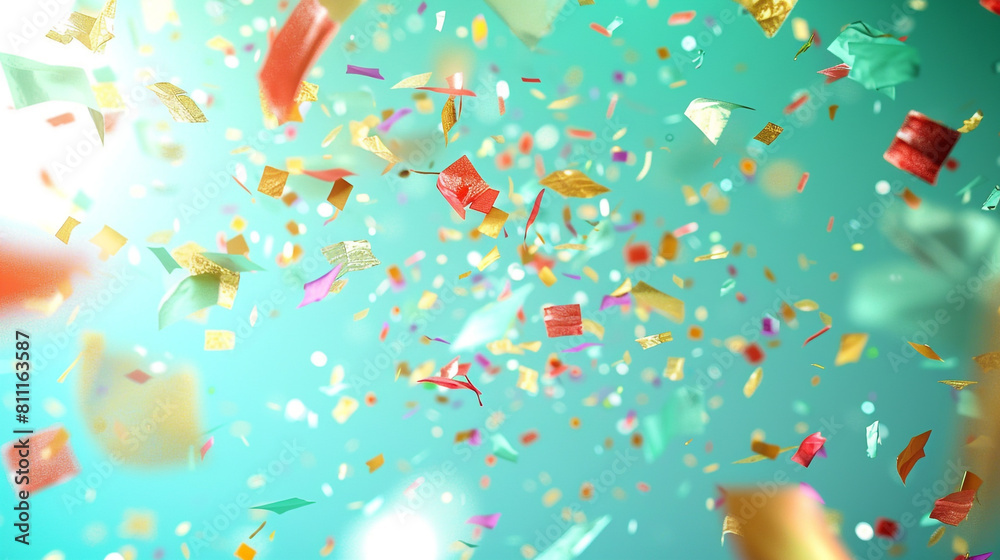 Playful confetti drops against a cool teal background, perfectly captured in high-definition for a festive display.