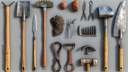3D realistic image of gardening tools, clean lighting, isolated on background