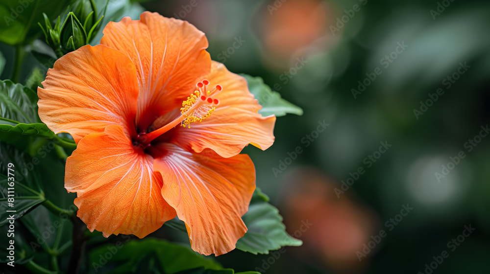 An orange hibiscus flower in focus with green leaves An orange hibiscus flower in focus with green leaves