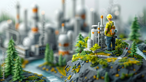 Isometric 3D Cute Environmental Risk Management Field Survey Concept: Environmental Scientist Managing Risks in Industrial Projects with Field Surveys