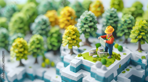 An environmental scientist conducts field surveys to manage environmental risks in 3D cute icon Industrial projects in isometric scene for Environmental Risk Management Field Sur