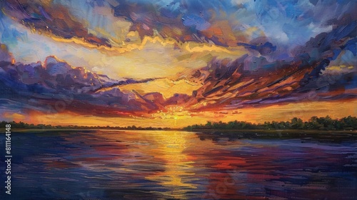 A dramatic sunset over a wide river  with vibrant colors painting the sky and casting a warm glow over the serene waters below.