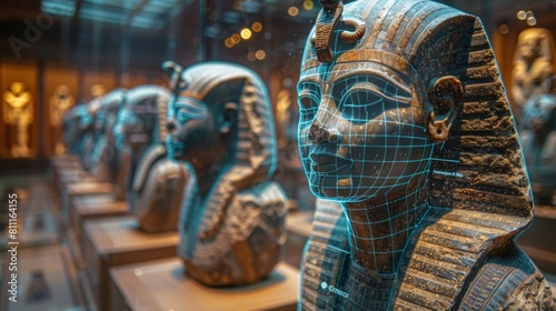 A row of egyptian statues with a laser grid on them, AI #811164155