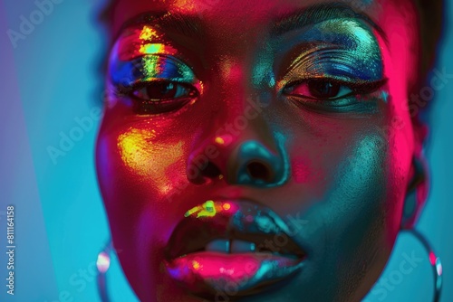 Close-up of a woman s face with vibrant neon makeup. Perfect for fashion and beauty concepts