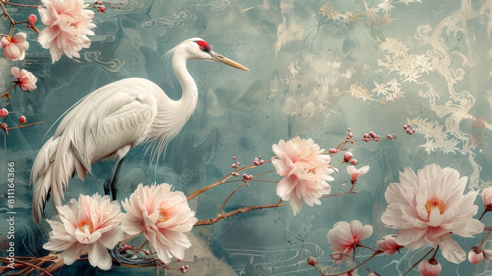 Naklejka premium Decorations in vintage style with peony flowers and Chinese clouds. Crane birds element with abstract banner.