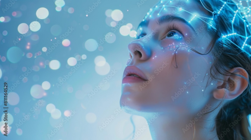 A young woman with glowing, digital connections around her head