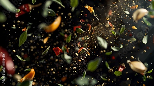 Fototapeta Naklejka Na Ścianę i Meble -  Colorful spices in mid-air against dark background - a dance of flavors