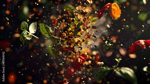 Explosion of flavors: fresh herbs and spices falling with a splash