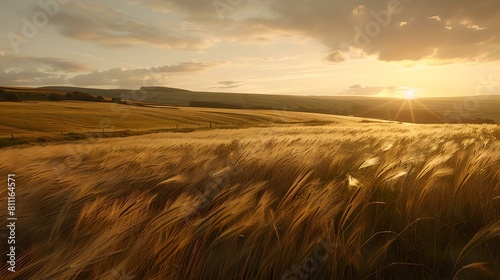 Golden wheat field at sunset with dramatic sky, a tranquil rural landscape