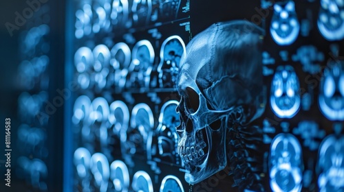 A blue skull is displayed on the wall of an iconographic medical lab photo
