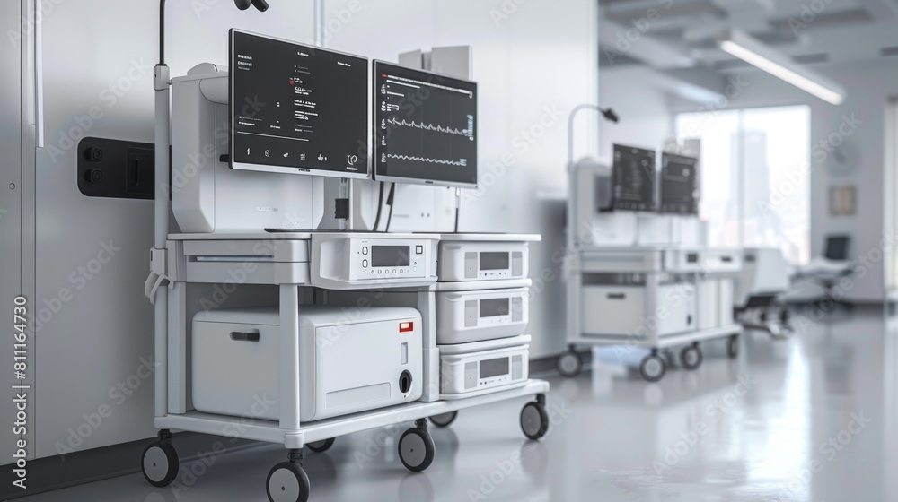 A high-end medical product display with multiple digital monitors a