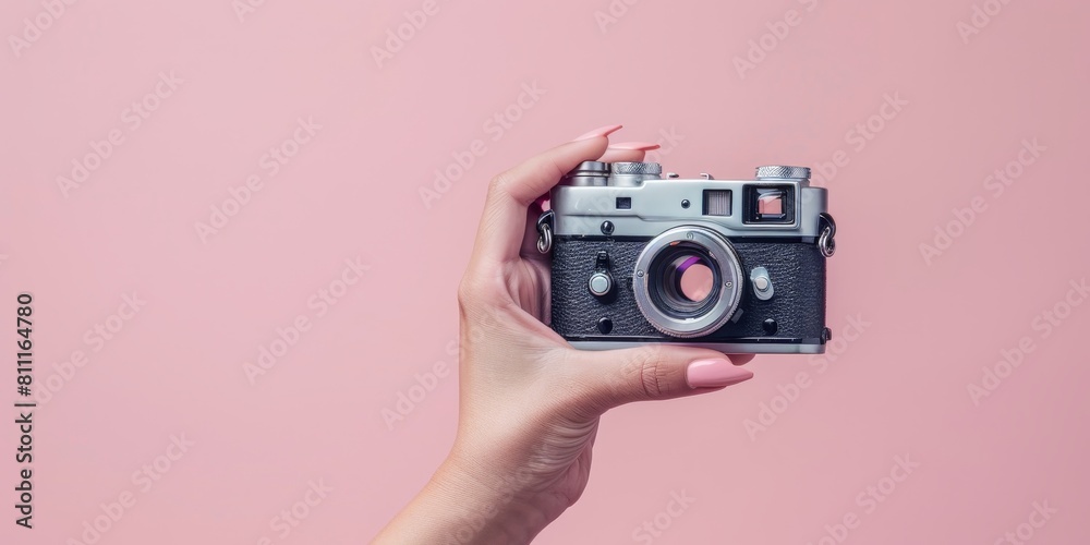 A person is holding a camera with a pink background. The camera is silver and black. The person's hand is holding the camera with a nail polish manicured look A person is holding a camera with a pink background. The camera is silver and black. The person's hand is holding the camera with a nail polish manicured look