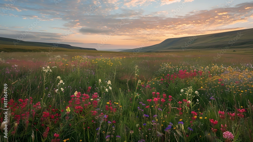Fototapeta premium Scenic meadow at twilight with colorful wildflowers and gentle hills