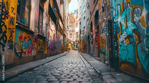 Vibrant graffiti art coloring the walls of an urban alleyway