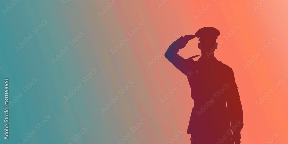 A man in a military uniform salutes. The image is a silhouette of the man with a blue and pink background A man in a military uniform salutes. The image is a silhouette of the man with a blue and pink background