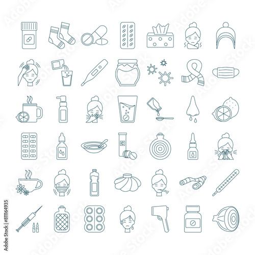 Set of icons medicines cold or flu, fever. Pills, tablets, sprays, drops, for fever, viral diseases. Prevention of sickness, treatment  allergy. Signs medical healthcare. Isolated vector illustrations