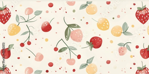 A colorful pattern of strawberries and cherries. A fruit basket. The colors are bright and cheerful, and the design is playful and whimsical. Scene is happy and joyful
