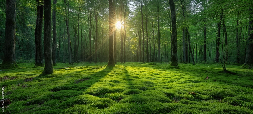 pine tree forest with sunlight and moss ground, morning sunlit with green, Generative Ai