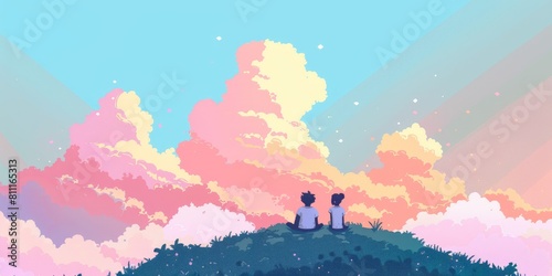 Two people are sitting on a hillside  looking out at a beautiful  colorful sky. The sky is filled with fluffy clouds and a rainbow  creating a serene and peaceful atmosphere