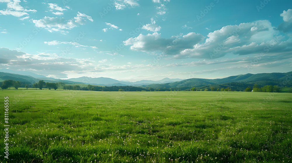 Green field under a cloudy sky with distant mountains