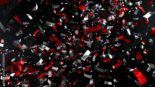 Shimmering silver and vibrant red confetti exploding on a black backdrop, perfect for a lively party atmosphere.