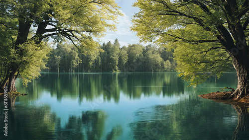 A lake with trees in the water 16:9 with copyspace