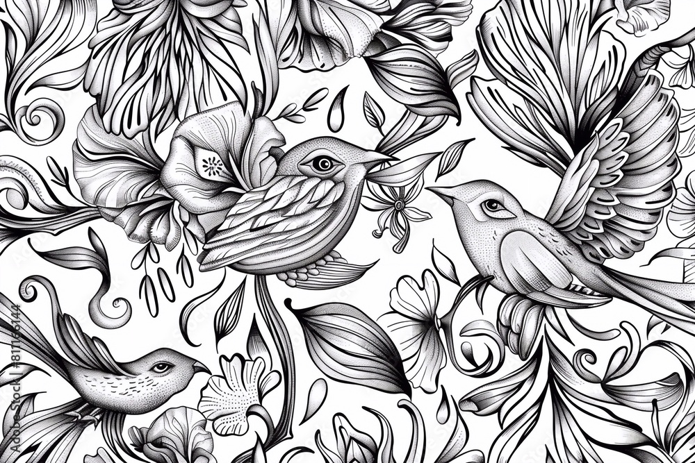 Coloring book antistress pattern is beautiful flowers and birds Coloring book antistress pattern is beautiful flowers and birds