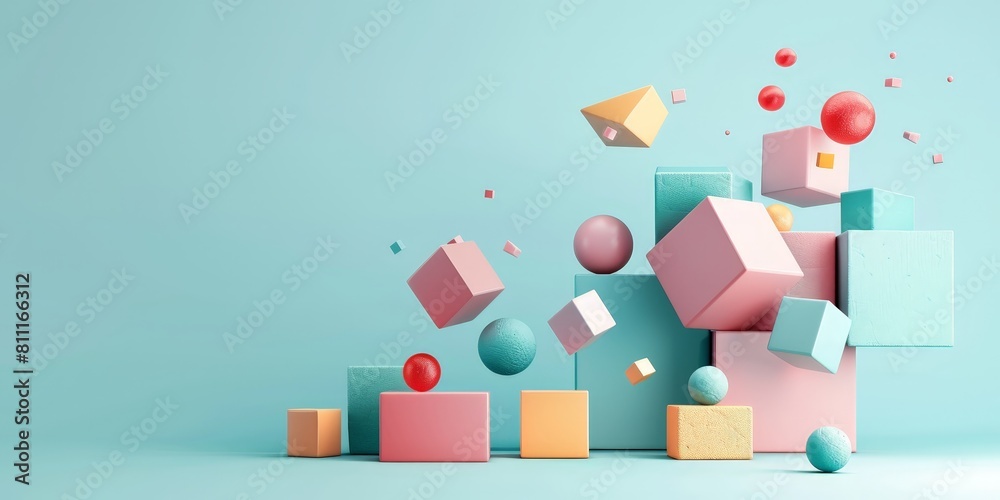A colorful scene of blocks and spheres with a blue background. The blocks are in various shapes and sizes, and the spheres are scattered throughout the scene