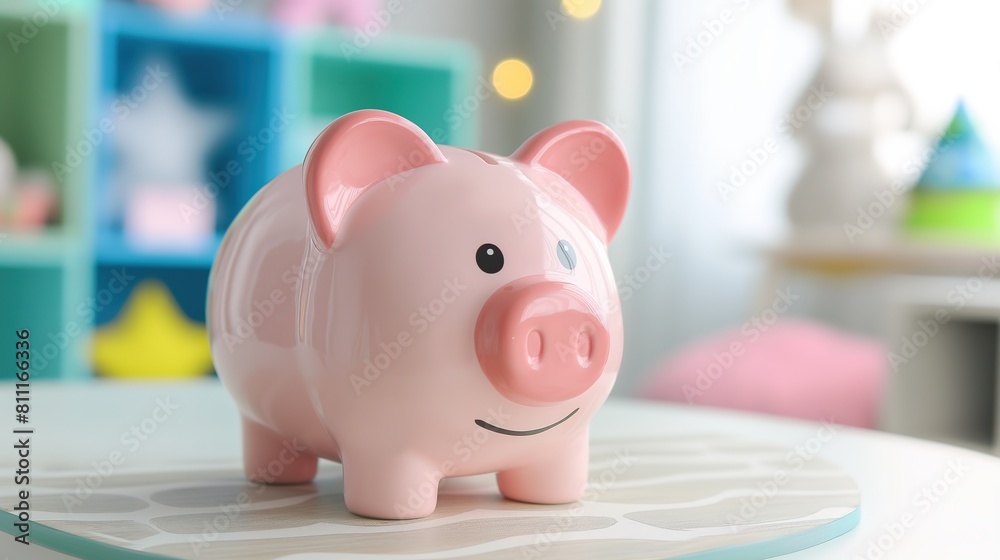 cute piggy bank with copy space nursery children's room background, cozy happy home interior, financial for kid concept, Generative Ai cute piggy bank with copy space nursery children's room background, cozy happy home interior, financial for kid concept, Generative Ai