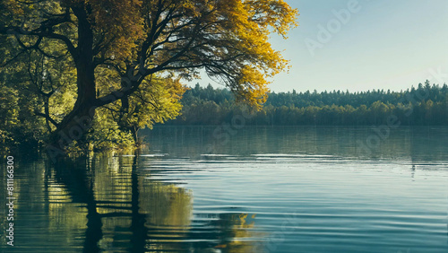A lake with trees in the water 16:9 with copyspace