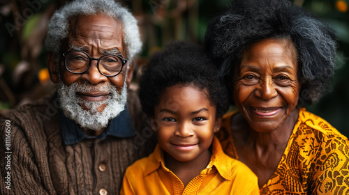 family portrait with grandfather, grandmother and kid together, black people. wall art design for home decor, 4k wallpaper and background for desktop, laptop, computer