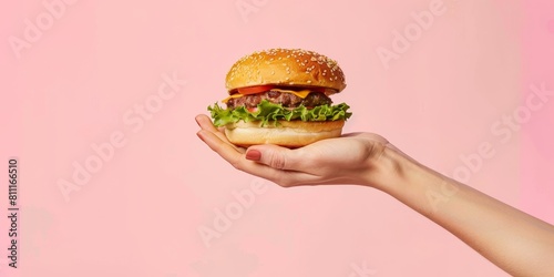 A person is holding a hamburger with lettuce and tomato. The burger is on a pink background
