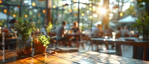 Sunlit caf�� interior with patrons dining, highlighted by lush greenery and vintage light fixtures, creating a serene atmosphere 3. photo