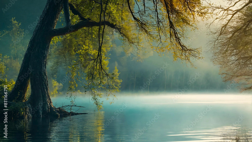 Obraz premium A lake with trees in the water 16:9 with copyspace