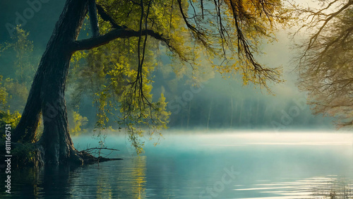 A lake with trees in the water 16:9 with copyspace photo