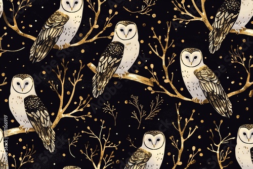 Cute owl pattern gold lines. Seamless pattern with tree branches and forest birds owls. illustration art. Natural design for textiles, paper, wallpapers. Print of gold foil. photo