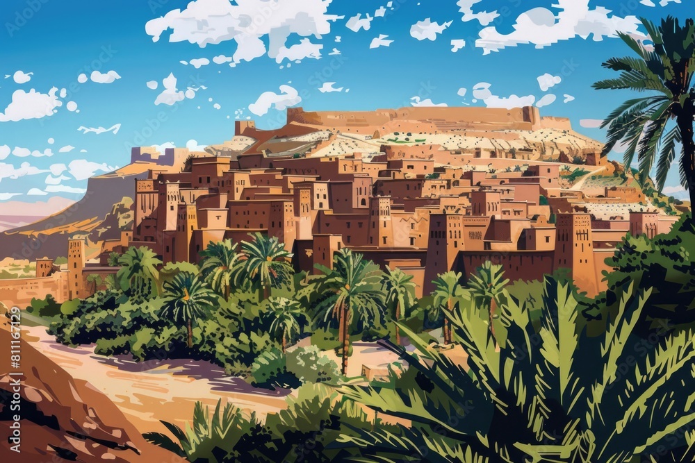 A painting of a desert town with palm trees, suitable for travel or vacation themes A painting of a desert town with palm trees, suitable for travel or vacation themes