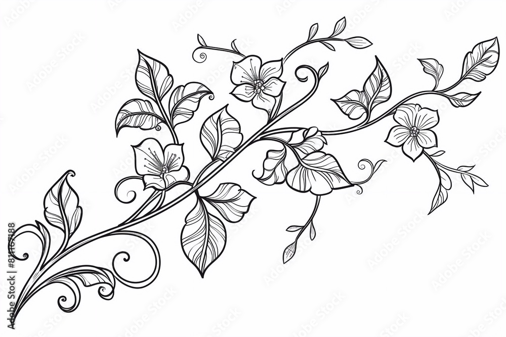 Fototapeta premium Fancy decorative floral vector branch lineart d adults. Illustration isolated on white background. Zen-tangle style.