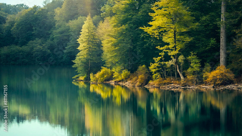 A lake with trees in the water 16:9 with copyspace photo