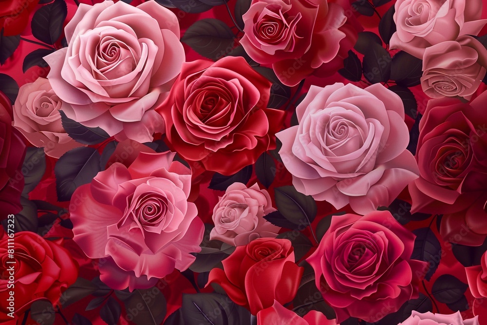 Floral seamless pattern, pink and red roses on red background Floral seamless pattern, pink and red roses on red background